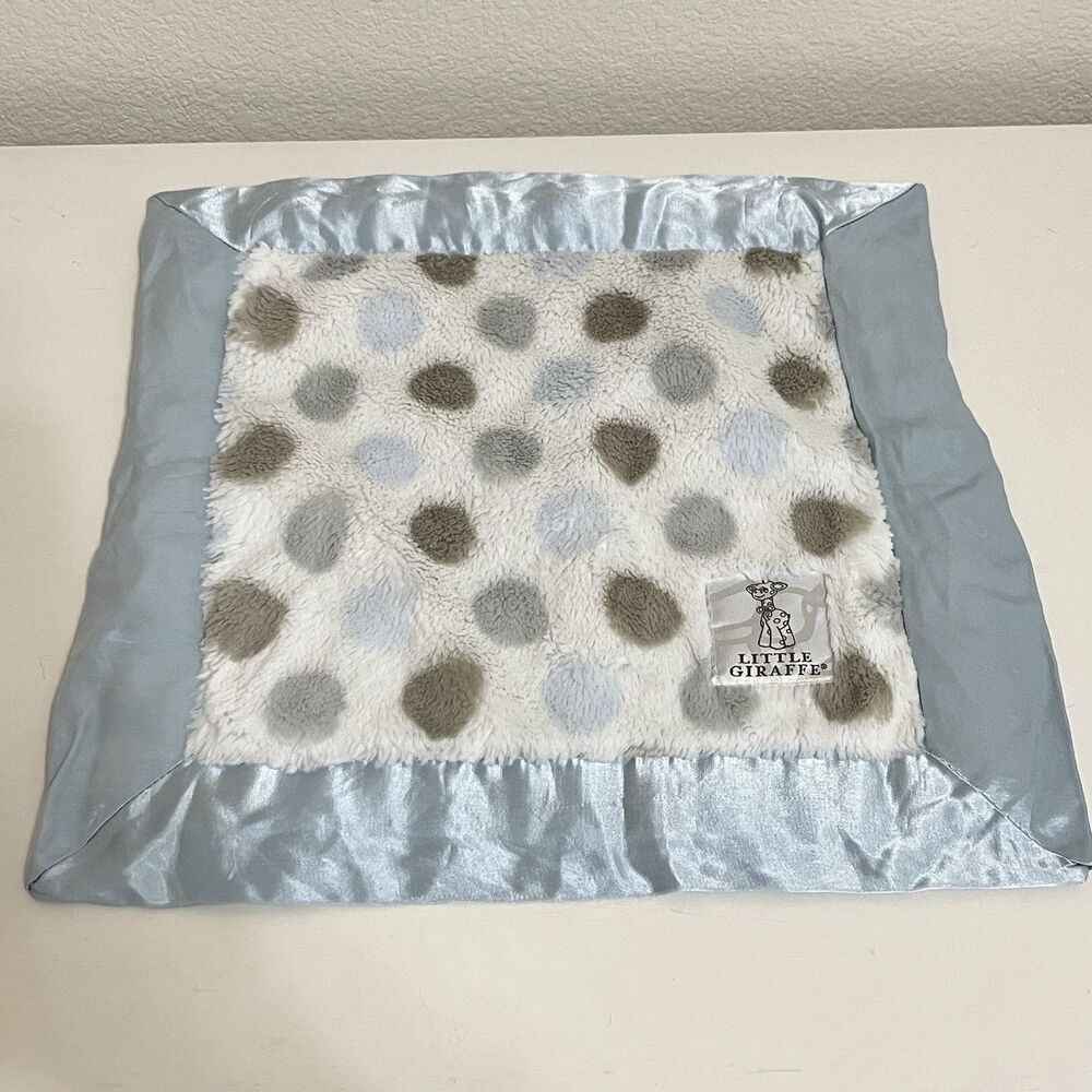 Little Giraffe Blue Polka Dot Luxe Lovey Square Security Blanket Satin Trim